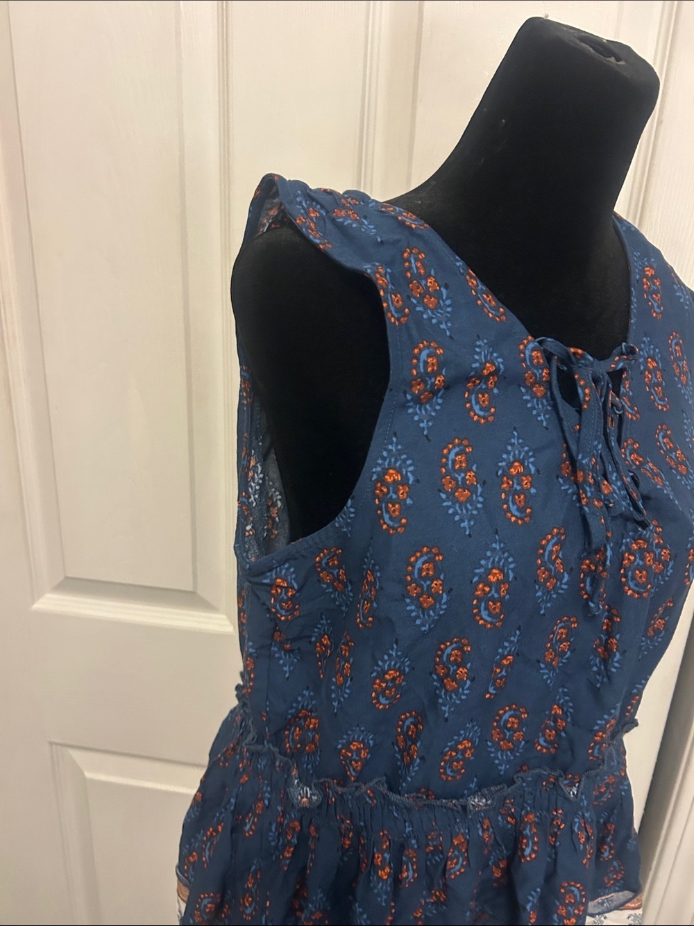 Maurices Navy Sleeveless Lace-Up Peplum Tunic with Rust and Cream Border - Picture 3 of 5